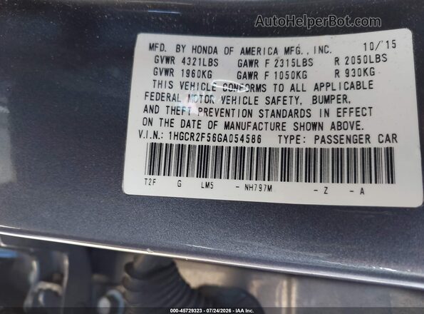 1HGCR2F56GA054586 2016 HONDA ACCORD Gray Vista del compartimento del motor