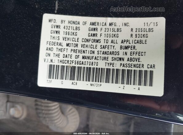 1HGCR2F56GA070870 2016 HONDA ACCORD Black Widok komory silnika