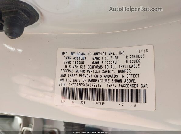 1HGCR2F56GA072215 2016 HONDA ACCORD White Widok komory silnika