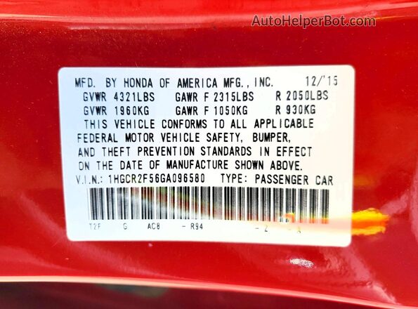 1HGCR2F56GA096580 2016 HONDA ACCORD Red Вид підкапотного простору