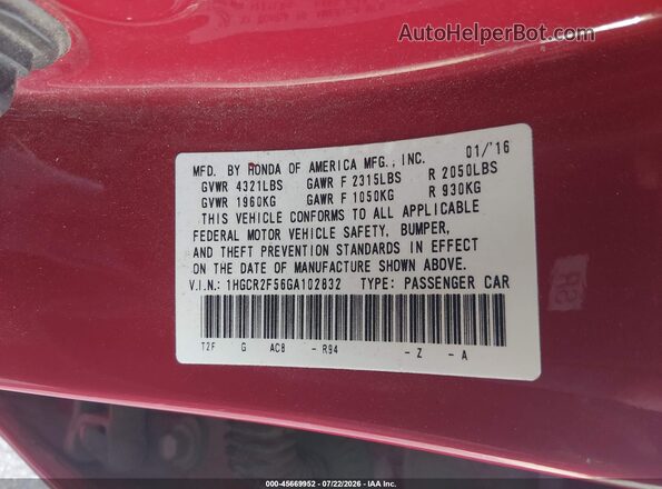 1HGCR2F56GA102832 2016 HONDA ACCORD Красный Вид подкапотного пространства