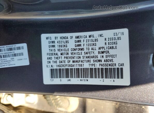 1HGCR2F56GA177997 2016 HONDA ACCORD Gray Շարժիչի բաժամունքի տեսք