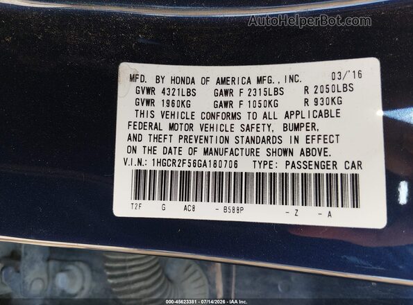 1HGCR2F56GA180706 2016 HONDA ACCORD Dark Blue Vista del compartimento del motor