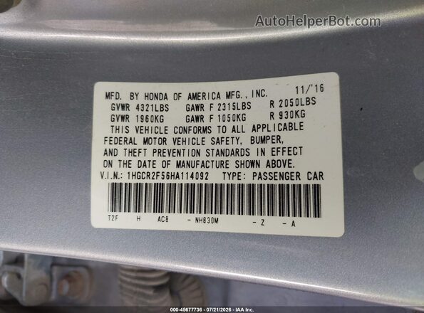 1HGCR2F56HA114092 2017 HONDA ACCORD Silver Widok komory silnika