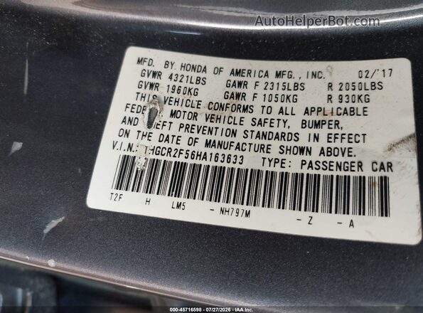 1HGCR2F56HA163633 2017 HONDA ACCORD Серый Вид подкапотного пространства