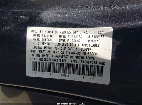 1HGCR2F56HA176950 2017 HONDA ACCORD Gray Вид підкапотного простору