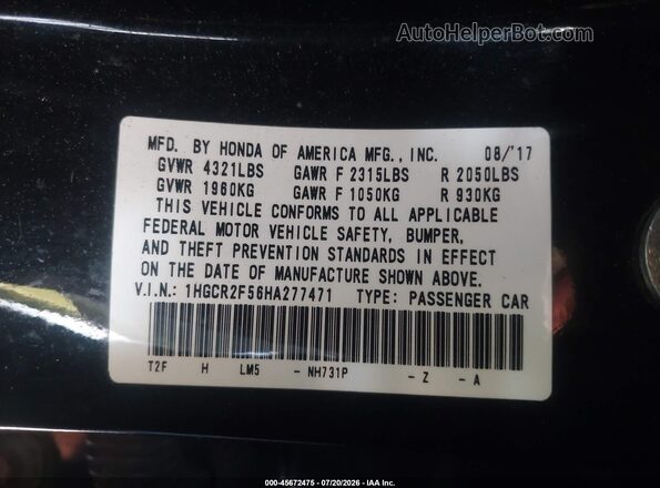 1HGCR2F56HA277471 2017 HONDA ACCORD Black ძრავის განყოფილების ხედი