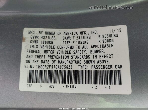 1HGCR2F57GA075625 2016 HONDA ACCORD Silver Vista del compartimento del motor