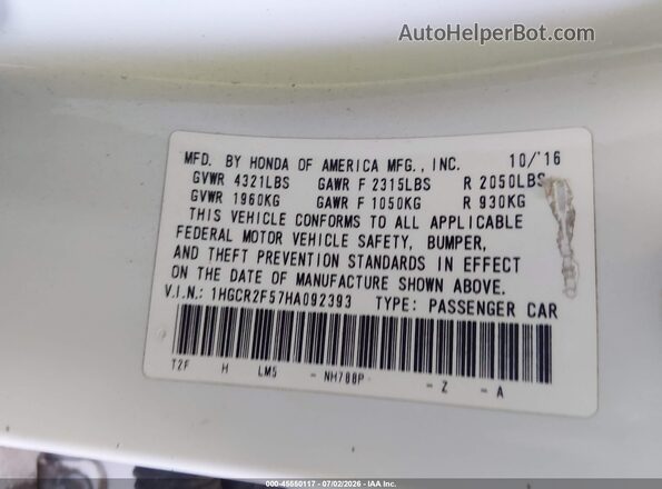 1HGCR2F57HA092393 2017 HONDA ACCORD White Շարժիչի բաժամունքի տեսք