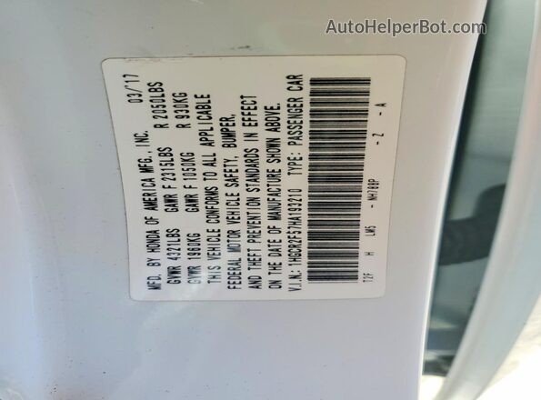1HGCR2F57HA193210 2017 HONDA ACCORD White Vista de la etiqueta del VIN