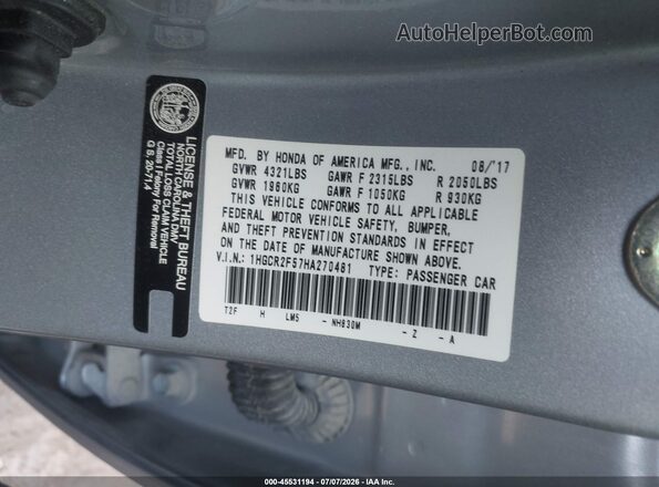 1HGCR2F57HA270481 2017 HONDA ACCORD Silver Vista del compartimento del motor