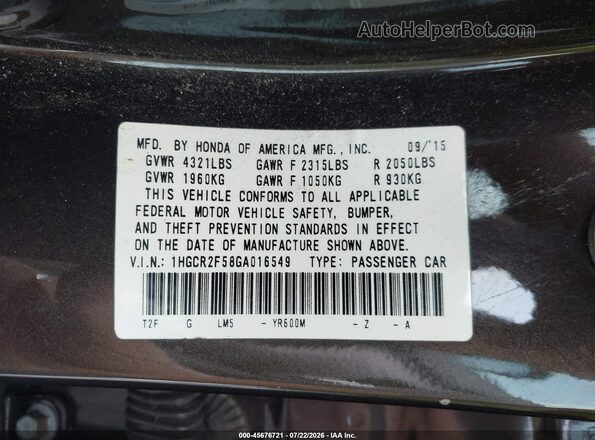 1HGCR2F58GA016549 2016 HONDA ACCORD Коричневый Вид подкапотного пространства