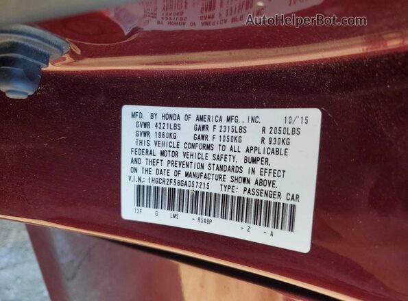 1HGCR2F58GA057215 2016 HONDA ACCORD Burgundy Engine compartment view
