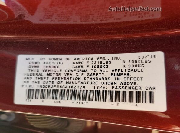 1HGCR2F58GA162174 2016 HONDA ACCORD Burgundy Engine compartment view