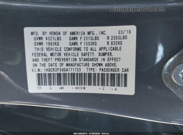 1HGCR2F58GA171733 2016 HONDA ACCORD Серый Вид подкапотного пространства