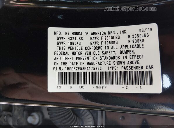 1HGCR2F58GA175863 2016 HONDA ACCORD Черный Вид подкапотного пространства