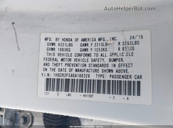 1HGCR2F58GA186328 2016 HONDA ACCORD White Engine compartment view