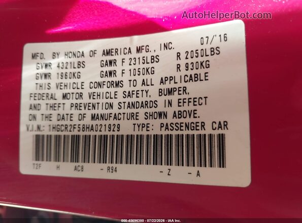 1HGCR2F58HA021929 2017 HONDA ACCORD Red Vista del compartimento del motor