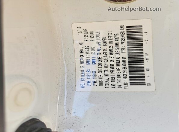 1HGCR2F58HA084691 2017 HONDA ACCORD White VIN sticker view