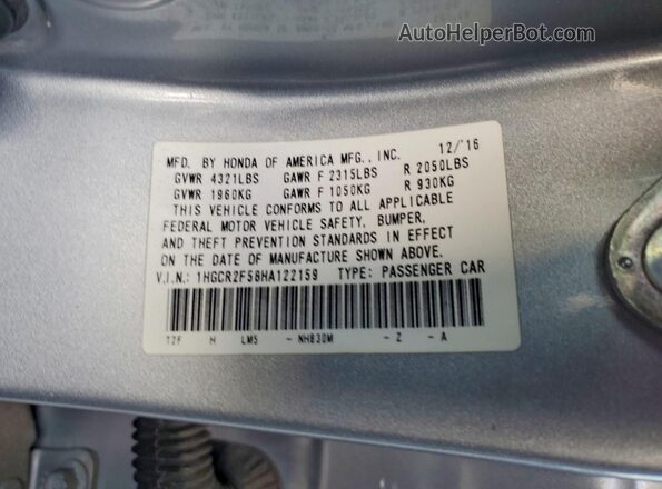 1HGCR2F58HA122159 2017 HONDA ACCORD Silver Engine compartment view