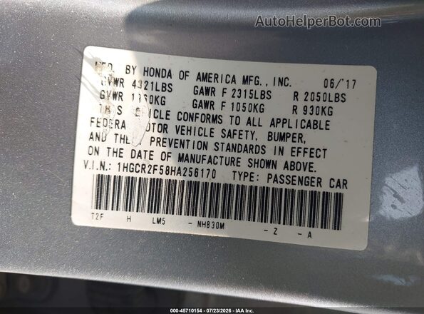 1HGCR2F58HA256170 2017 HONDA ACCORD Silver Widok komory silnika