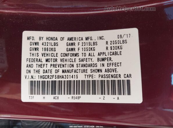 1HGCR2F58HA301415 2017 HONDA ACCORD Red Vista del compartimento del motor