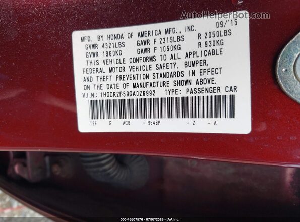 1HGCR2F59GA026992 2016 HONDA ACCORD Maroon Vista del compartimento del motor