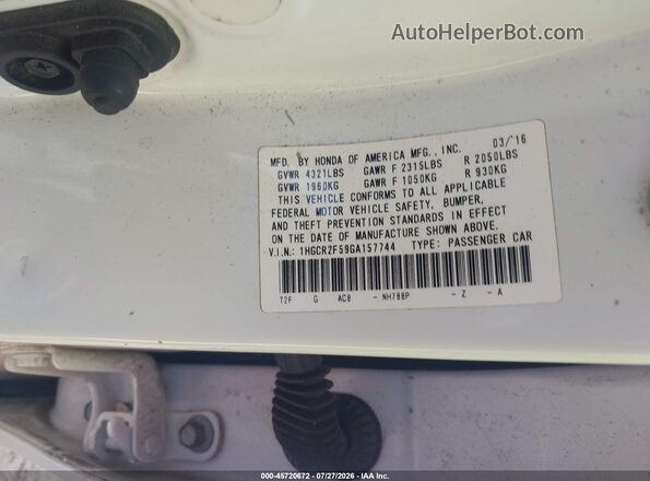 1HGCR2F59GA157744 2016 HONDA ACCORD Белый Вид подкапотного пространства