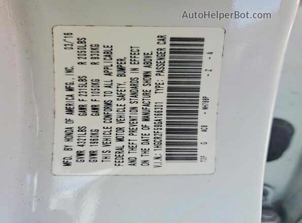 1HGCR2F59GA166301 2016 HONDA ACCORD White Вид наклейки з VIN-кодом