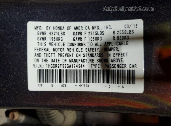 1HGCR2F59GA174544 2016 HONDA ACCORD Gray VIN կոդի պիտակի տեսք