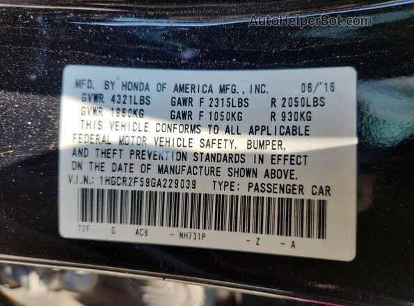 1HGCR2F59GA229039 2016 HONDA ACCORD Black Շարժիչի բաժամունքի տեսք