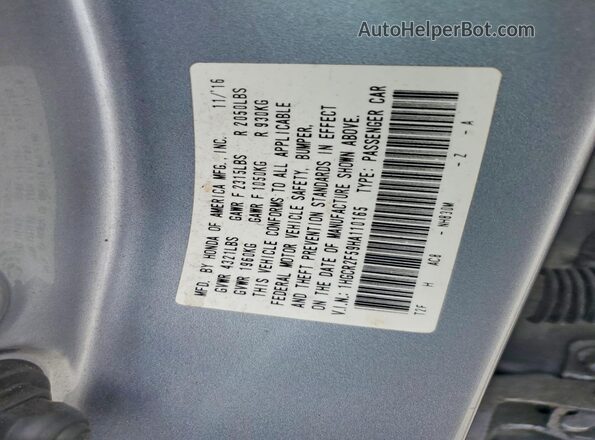 1HGCR2F59HA110165 2017 HONDA ACCORD Silver Вид наклейки з VIN-кодом