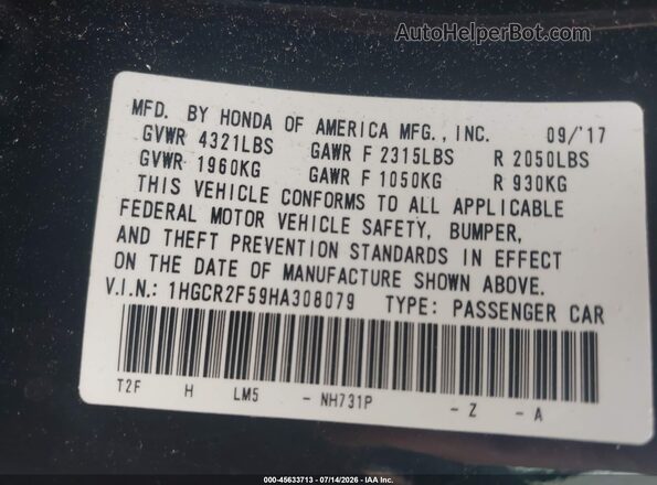 1HGCR2F59HA308079 2017 HONDA ACCORD Black Engine compartment view