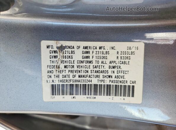 1HGCR2F5XHA030244 2017 HONDA ACCORD Silver Engine compartment view