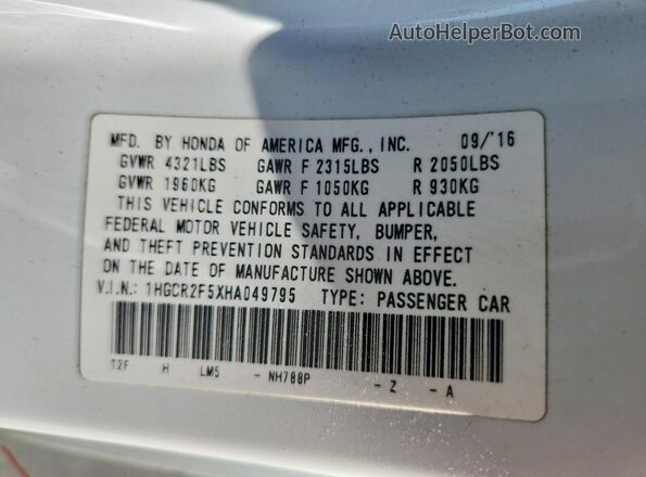 1HGCR2F5XHA049795 2017 HONDA ACCORD White Вид наклейки з VIN-кодом
