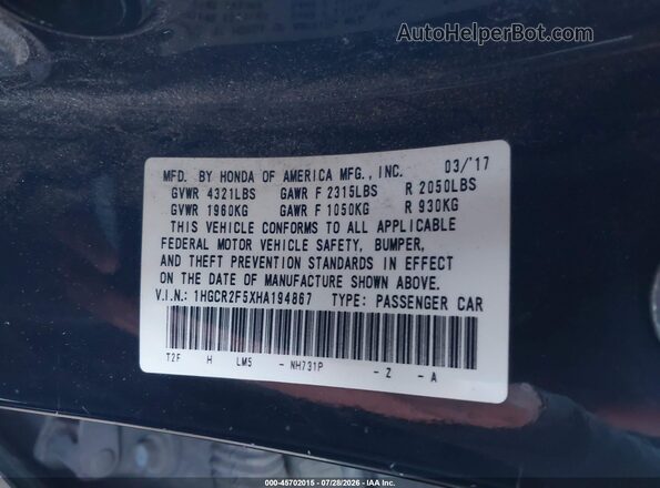 1HGCR2F5XHA194867 2017 HONDA ACCORD Black ძრავის განყოფილების ხედი