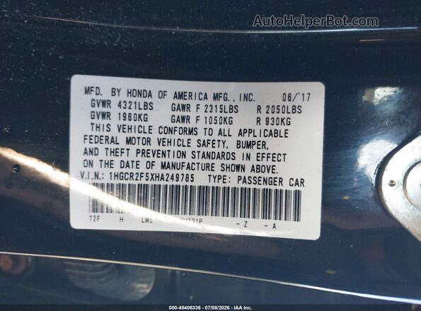 1HGCR2F5XHA249785 2017 HONDA ACCORD Black Вид підкапотного простору