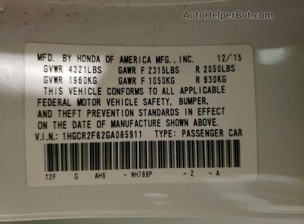 1HGCR2F62GA085911 2016 HONDA ACCORD White Շարժիչի բաժամունքի տեսք