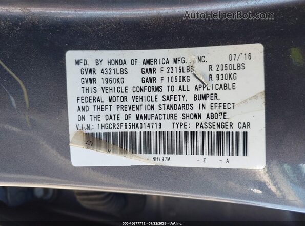 1HGCR2F65HA014719 2017 HONDA ACCORD Gray Engine compartment view