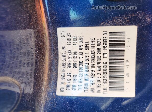1HGCR2F68GA060852 2016 HONDA ACCORD Blue Vista del compartimento del motor