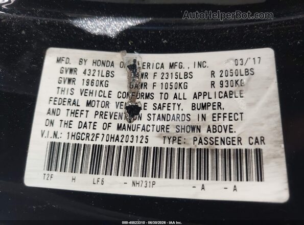 1HGCR2F70HA203125 2017 HONDA ACCORD Black Vista del compartimento del motor