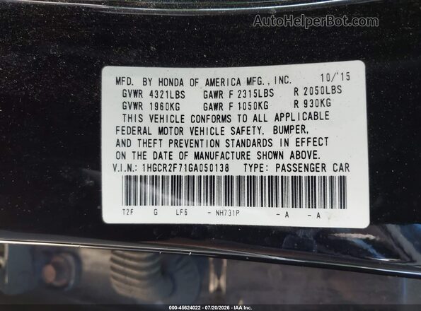 1HGCR2F71GA050138 2016 HONDA ACCORD Black Շարժիչի բաժամունքի տեսք
