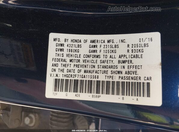 1HGCR2F71GA115568 2016 HONDA ACCORD Синий Вид подкапотного пространства