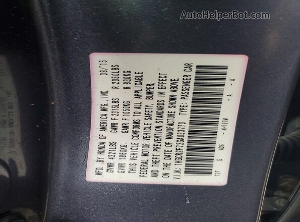 1HGCR2F72GA033770 2016 HONDA ACCORD Gray Вид наклейки з VIN-кодом