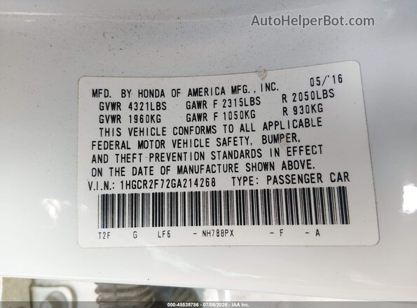1HGCR2F72GA214268 2016 HONDA ACCORD White Вид підкапотного простору
