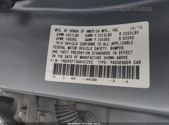 1HGCR2F73GA043255 2016 HONDA ACCORD Silver Widok komory silnika