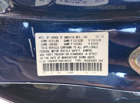 1HGCR2F73GA184200 2016 HONDA ACCORD Синий Вид подкапотного пространства