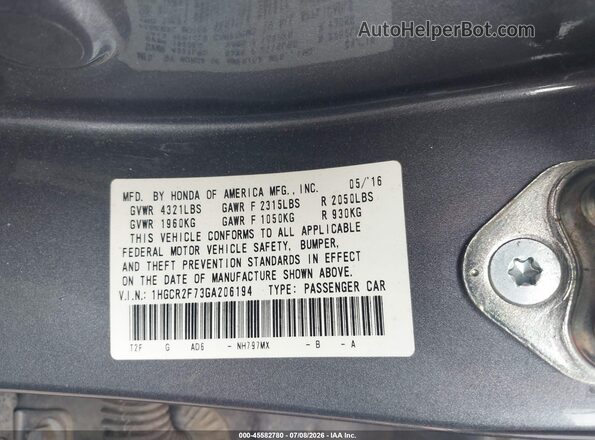 1HGCR2F73GA206194 2016 HONDA ACCORD Gray Widok komory silnika