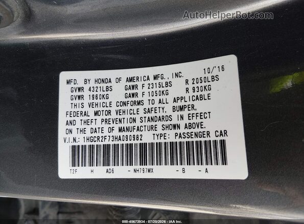 1HGCR2F73HA090982 2017 HONDA ACCORD Серый Вид подкапотного пространства