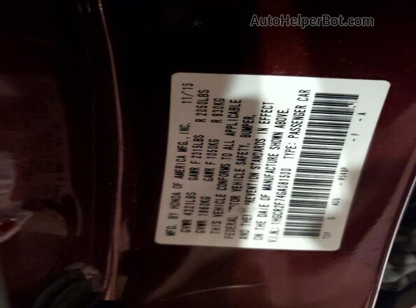 1HGCR2F74GA081500 2016 HONDA ACCORD Maroon Vista del compartimento del motor